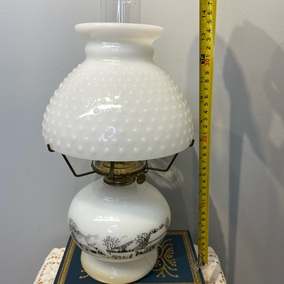 Currier And Ives Milk Glass Oil Lamp With Hobnail Shade Farm Scene Vintage - Picture 12 of 13
